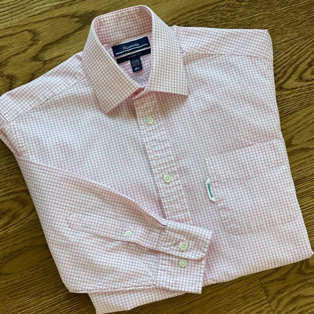Faconnable L 15.5 Pink Check Cotton Button Front